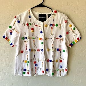 Michael Simon White Cardigan with Multicolor Beading